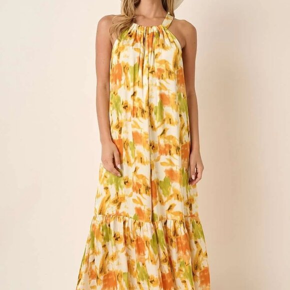 Mittoshop Watercolor Print Halter Neck Satin Maxi‎ Dress - Picture 8 of 9